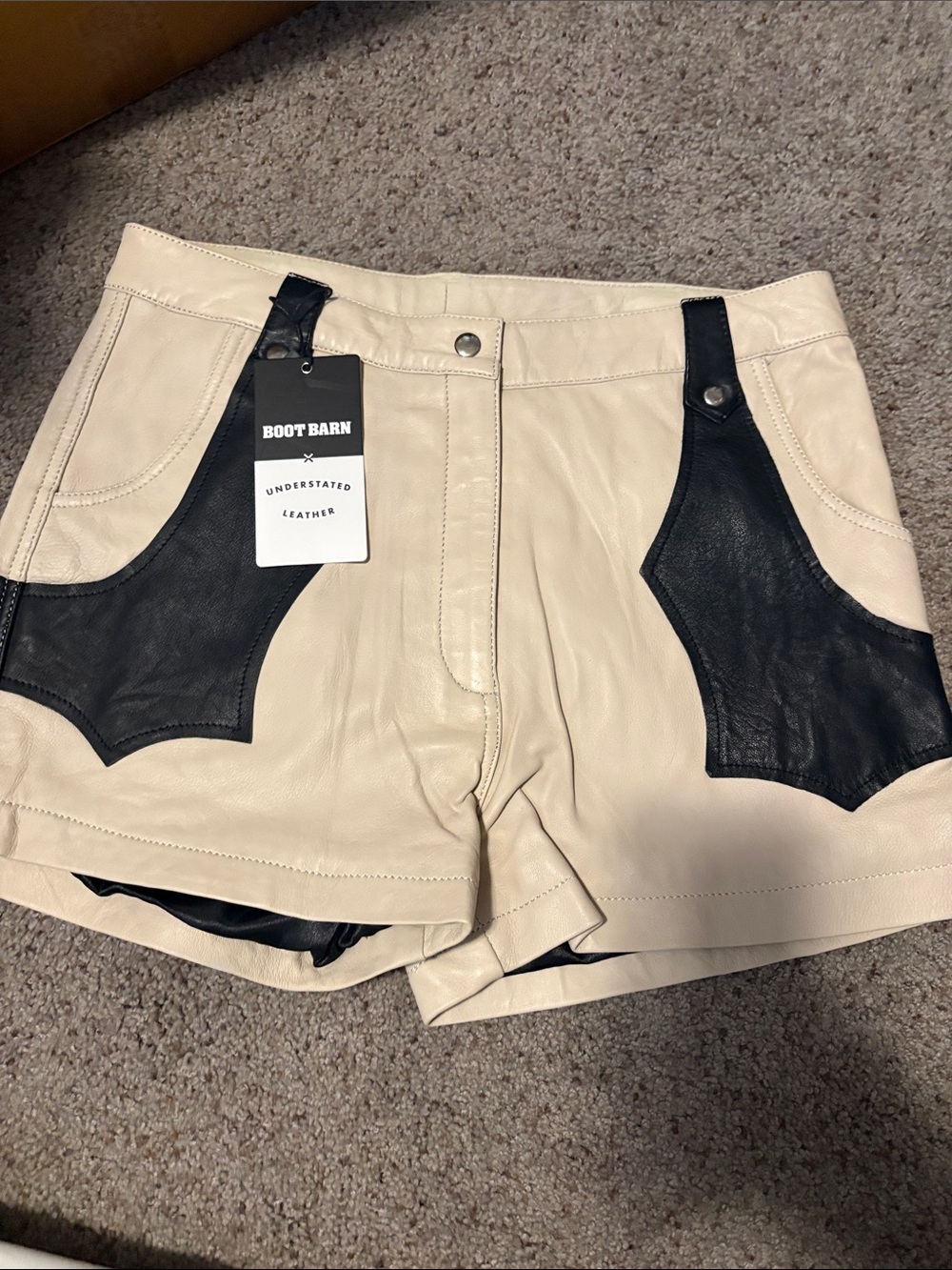 Understated Leather Women's Cream Leather Shorts with Black Accent Panels XL